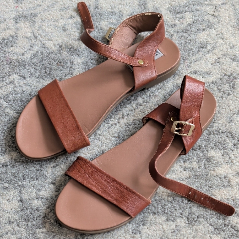 Steve Madden Women's Cognac Leather Ankle-Strap Sandals
